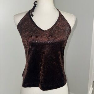 Vintage Y2K Brown Velvet Halter Top Snakeskin Print Roxy Wear‎ Roxanne Heptner L